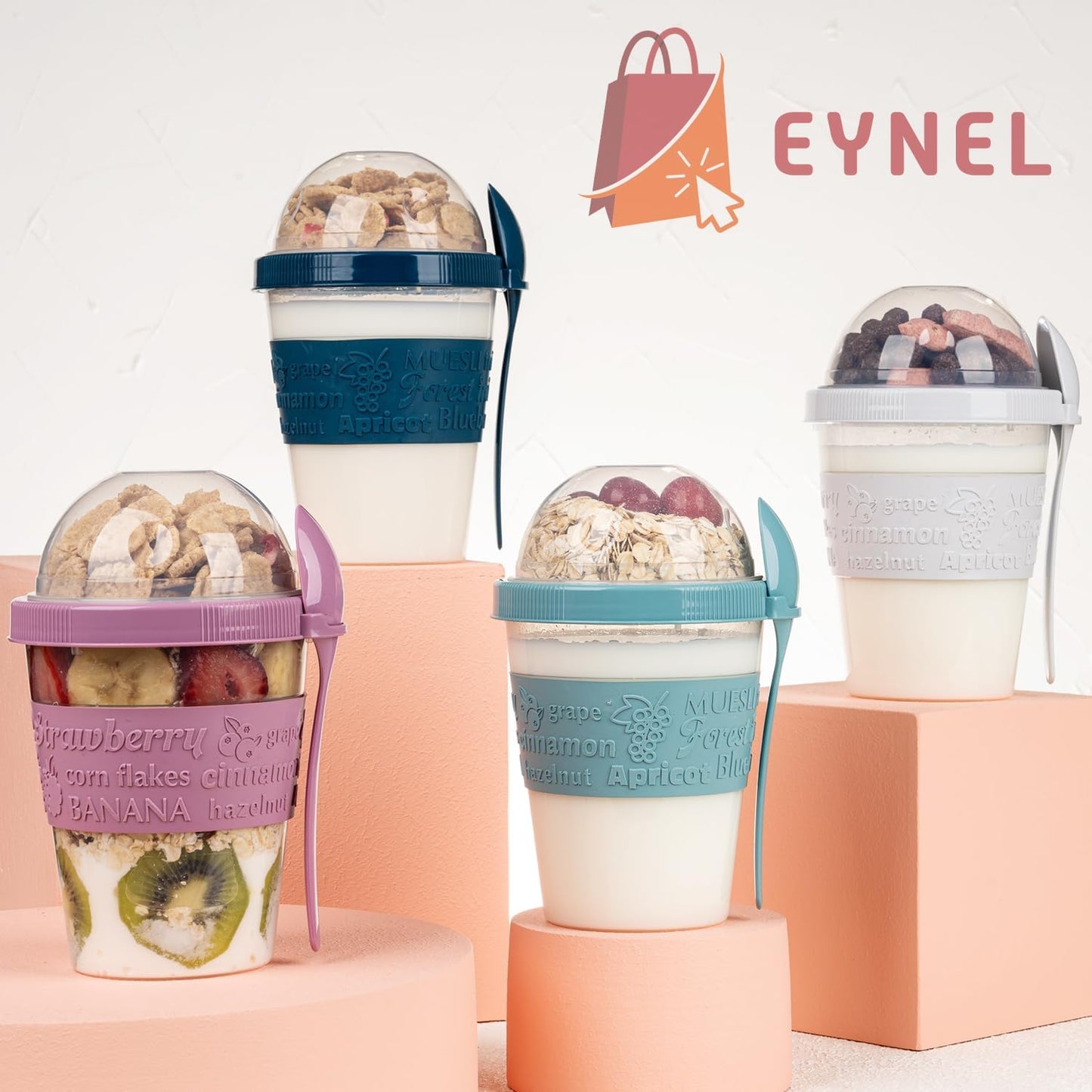 4 Pack Reusable on the Go Yogurt Parfait Cups, Breakfast Plastic Containers with Lids and Spoons, Perfect Jars for Overnight Oats Cereal Granola Oatmeal Smoothies and Snack Prep