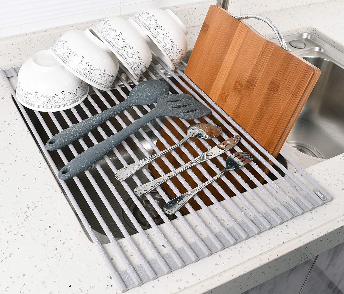 over the Sink Multipurpose Roll-Up Dish Drying Rack (Warm Gray, Large - 20.5" X 13.1")