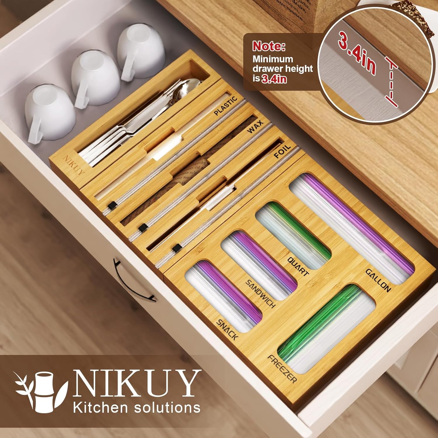 9 in 1 Bamboo Foil and Plastic Wrap Organizer for Kitchen Drawer, Plastic Bag Organizer Organization and Storage, Food Storage Bag Organizer with Labels for Quart Gallon Snack Sandwich Bag