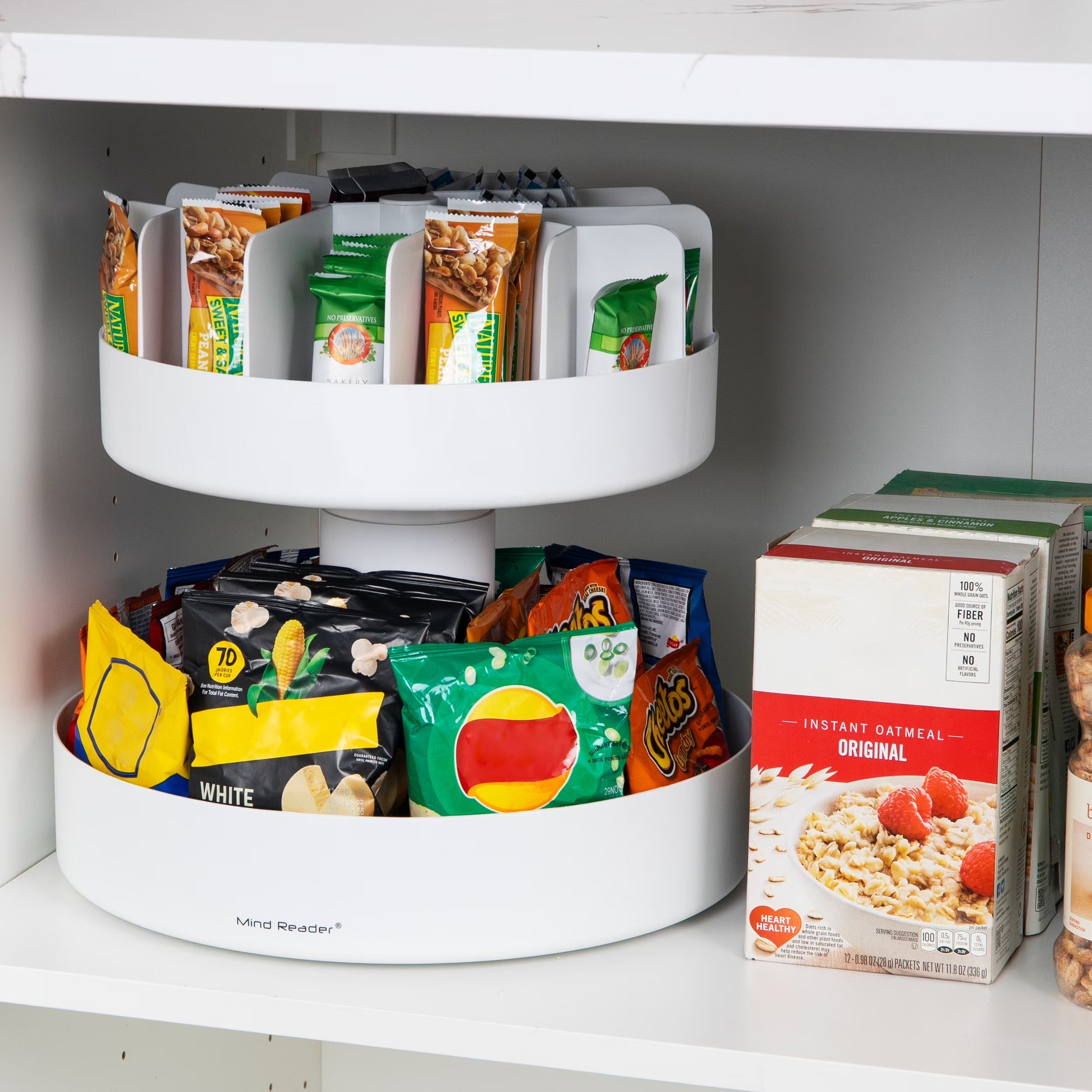 2 Tier Lazy Susan Granola Bar and Snack Organizer, Home, Office, Plastic, White