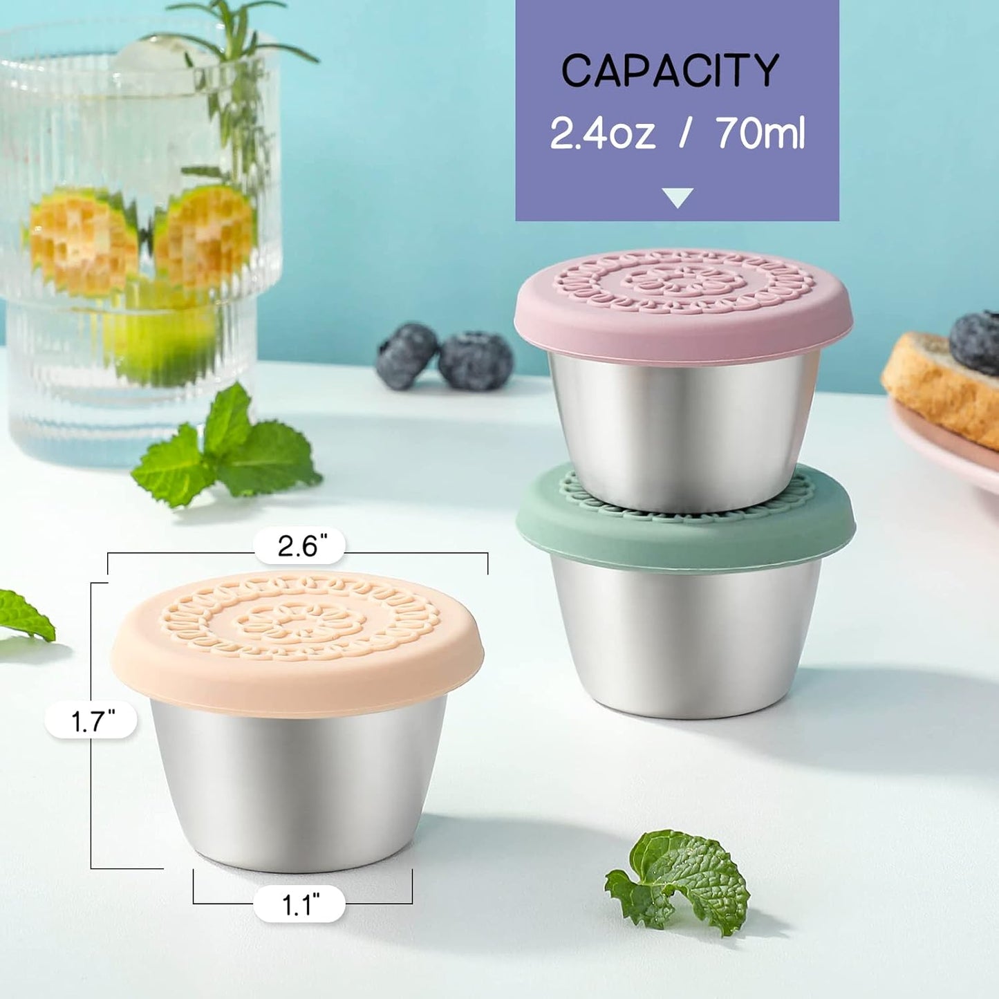 [8 Pack] Salad Dressing Container to Go, 2.4Oz Small Condiment Containers with Leakproof Silicone Lids, Reusable Stainless Steel Sauce Cups for Lunch Bento Box, Picnic and Travel
