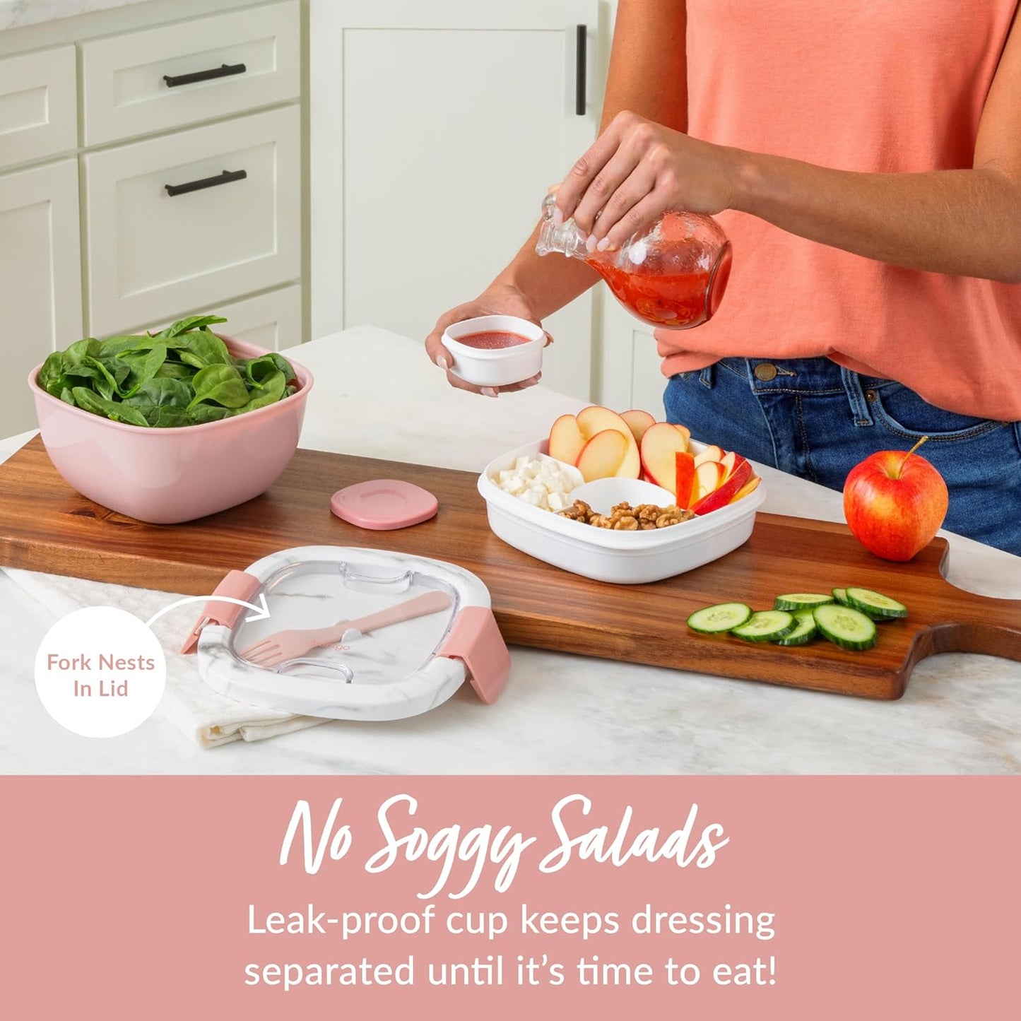 Salad Container - 54 Oz Bowl with 4-Compartment Toppings Tray, Dressing Container, Reusable Fork, Bpa-Free Lunch Box for Meal Prep & Food Storage; Removable Bento Tray (Blush Marble)