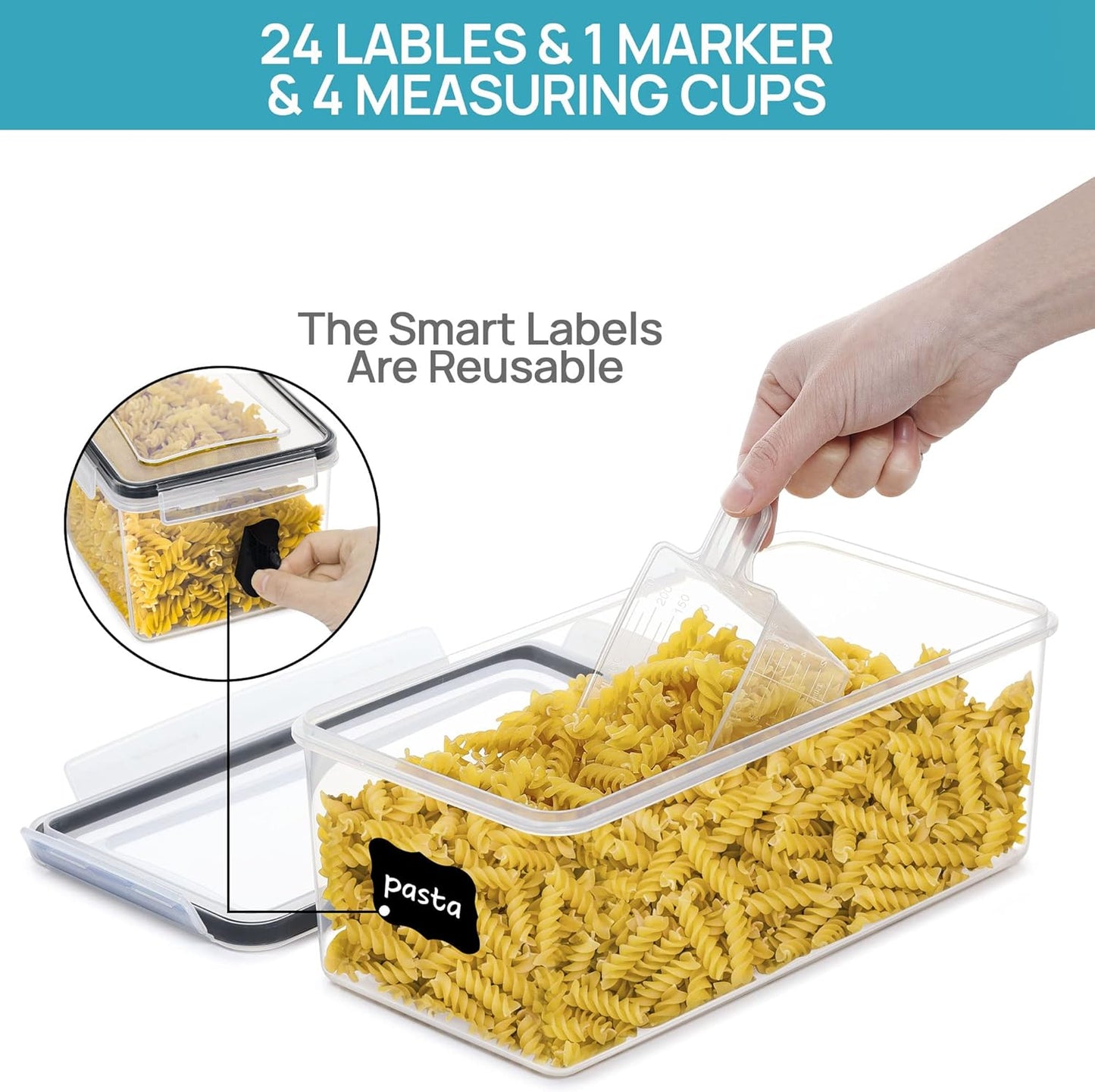 Airtight Food Storage Containers with Lids 8PCS Set 3.2L, Plastic Spaghetti Container for Pasta Organizer, BPA Free Air Tight House Kitchen Pantry Organization