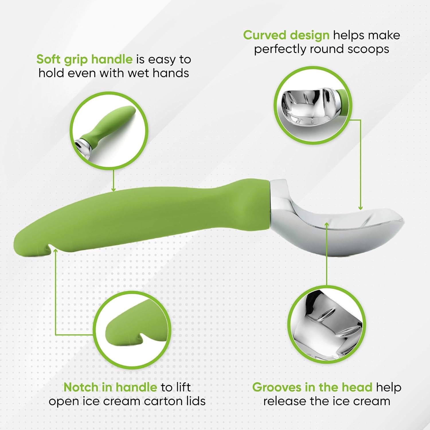 Green Heavy Duty Ice Cream Scoop with Non-Slip Handle - Professional Metal Ice Cream Scooper for Cookie Dough, Frozen Yogurt, Gelato, Sorbet, Melon - Dishwasher Safe Kitchen Tool