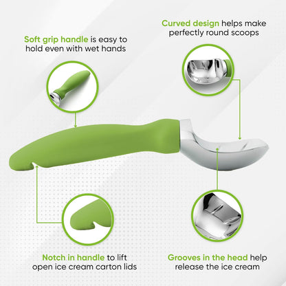 Green Heavy Duty Ice Cream Scoop with Non-Slip Handle - Professional Metal Ice Cream Scooper for Cookie Dough, Frozen Yogurt, Gelato, Sorbet, Melon - Dishwasher Safe Kitchen Tool