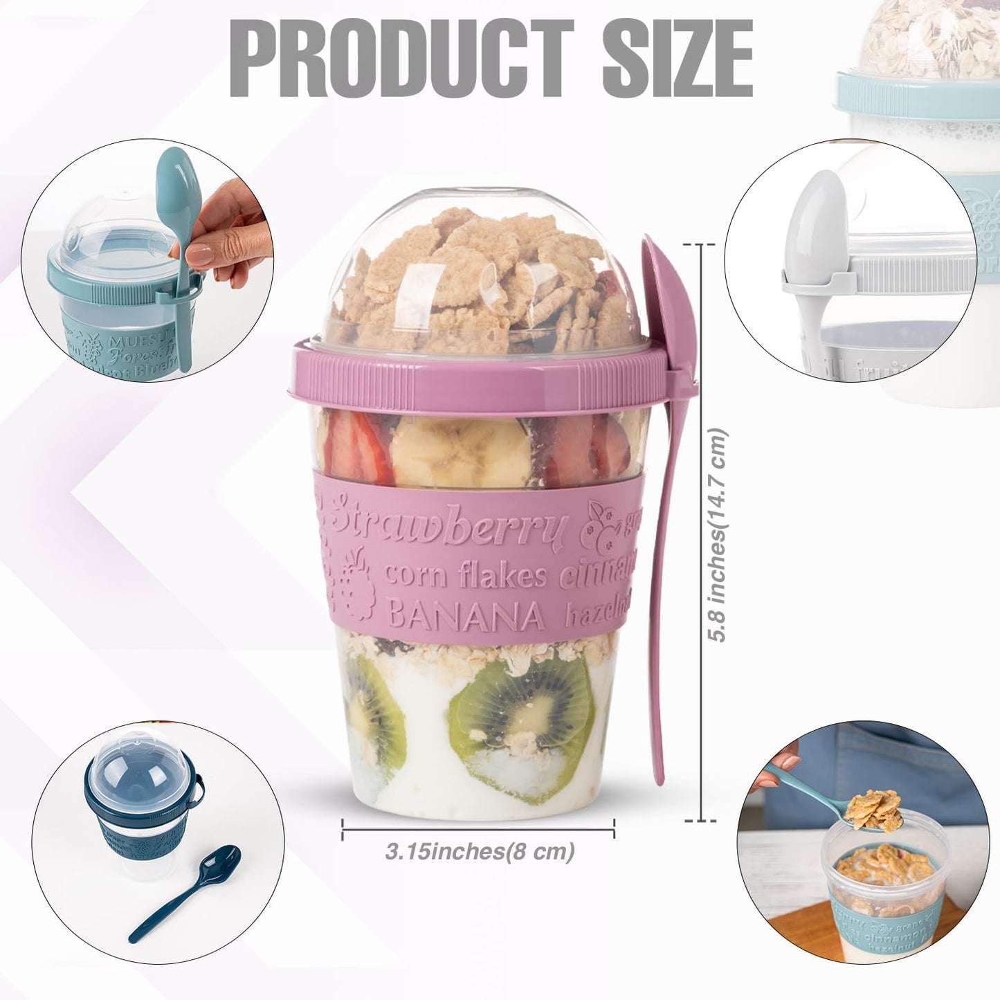 4 Pack Reusable on the Go Yogurt Parfait Cups, Breakfast Plastic Containers with Lids and Spoons, Perfect Jars for Overnight Oats Cereal Granola Oatmeal Smoothies and Snack Prep