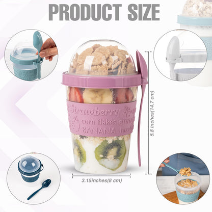 4 Pack Reusable on the Go Yogurt Parfait Cups, Breakfast Plastic Containers with Lids and Spoons, Perfect Jars for Overnight Oats Cereal Granola Oatmeal Smoothies and Snack Prep