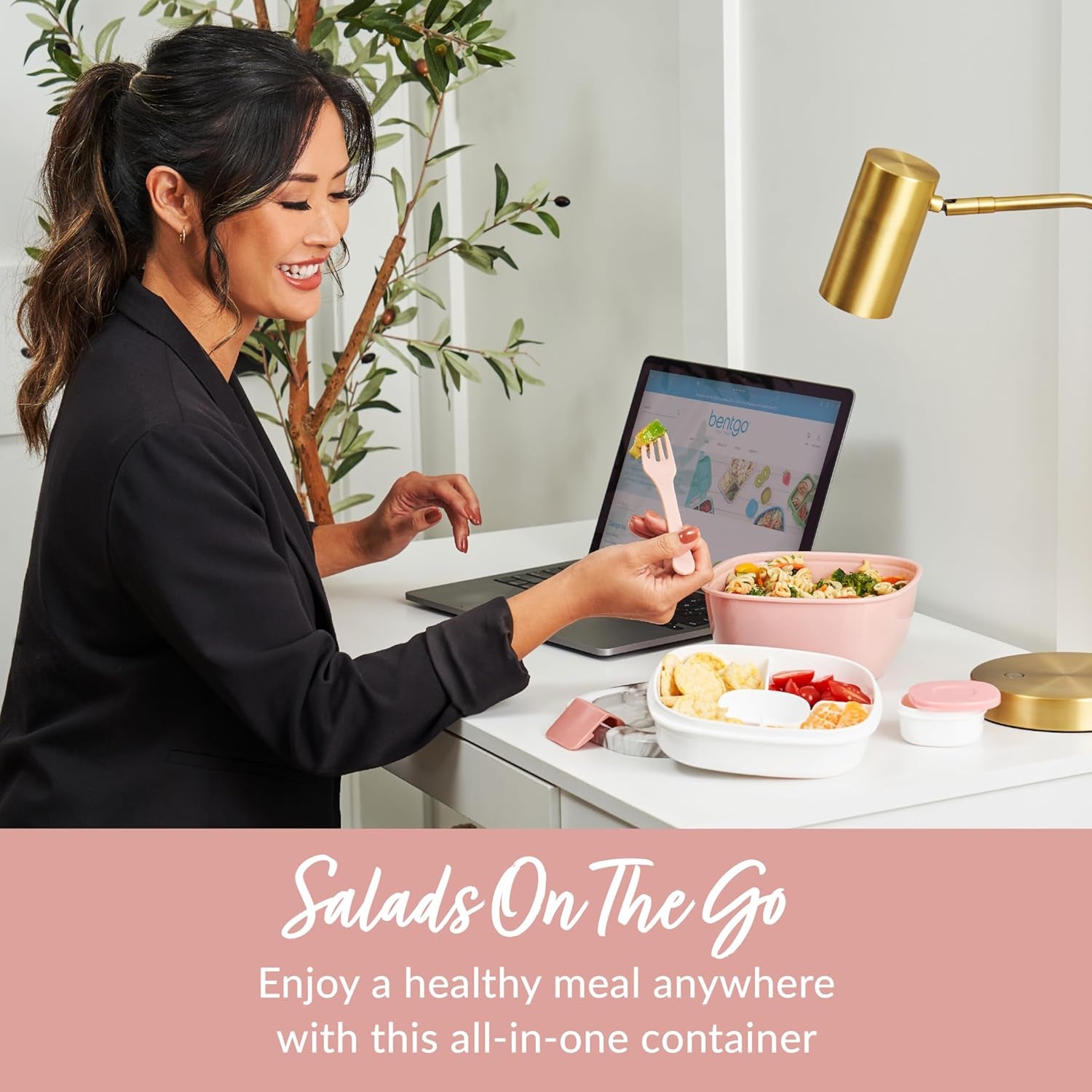 Salad Container - 54 Oz Bowl with 4-Compartment Toppings Tray, Dressing Container, Reusable Fork, Bpa-Free Lunch Box for Meal Prep & Food Storage; Removable Bento Tray (Blush Marble)