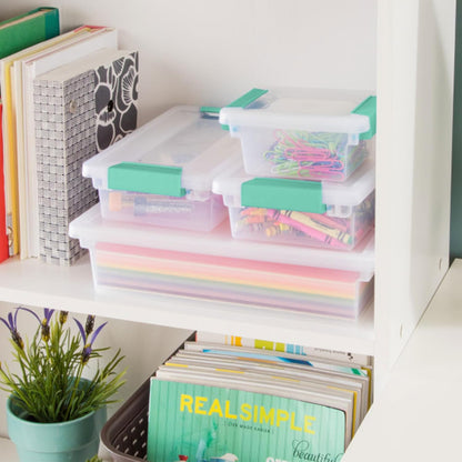 6-Pack Clip Box, Stackable Clear Plastic Bins with Latching Lids, Large - Writing, Arts or Crafts Supplies Storage Containers for Home, Office, Classroom and Workshop Organization