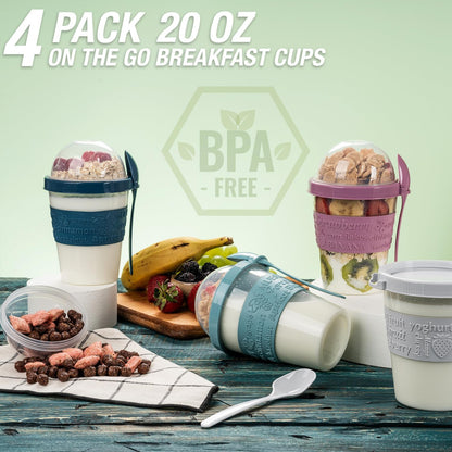 4 Pack Reusable on the Go Yogurt Parfait Cups, Breakfast Plastic Containers with Lids and Spoons, Perfect Jars for Overnight Oats Cereal Granola Oatmeal Smoothies and Snack Prep