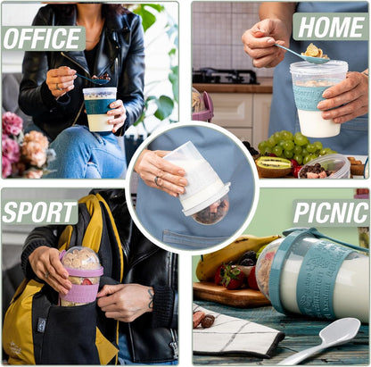 4 Pack Reusable on the Go Yogurt Parfait Cups, Breakfast Plastic Containers with Lids and Spoons, Perfect Jars for Overnight Oats Cereal Granola Oatmeal Smoothies and Snack Prep