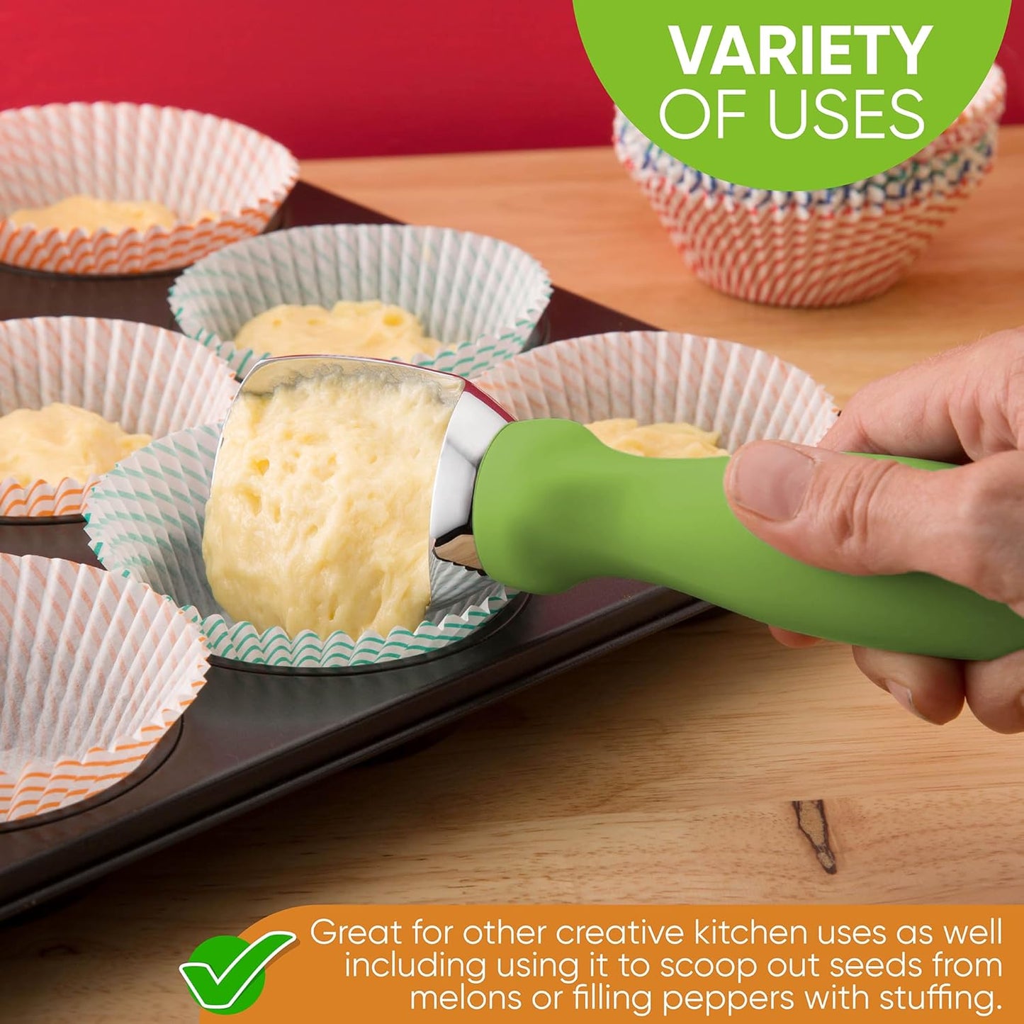 Green Heavy Duty Ice Cream Scoop with Non-Slip Handle - Professional Metal Ice Cream Scooper for Cookie Dough, Frozen Yogurt, Gelato, Sorbet, Melon - Dishwasher Safe Kitchen Tool