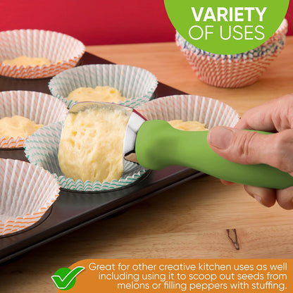 Green Heavy Duty Ice Cream Scoop with Non-Slip Handle - Professional Metal Ice Cream Scooper for Cookie Dough, Frozen Yogurt, Gelato, Sorbet, Melon - Dishwasher Safe Kitchen Tool