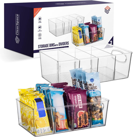 Plastic Pantry Organization and Storage Bins with Removable Dividers – Perfect Kitchen Organization or Kitchen Storage – Refrigerator Organizer Bins, Cabinet Organizers (2 Pack)