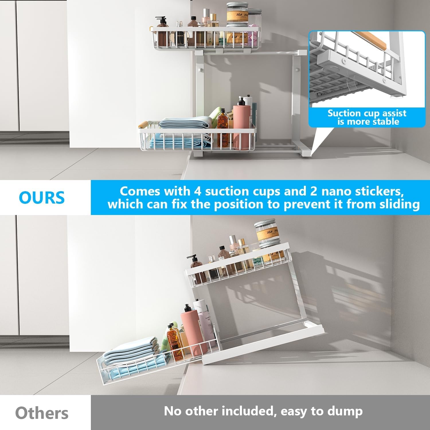 under Sink Organizers,5 Adjustable Height，Metal Pull Out and Storage Shelves with Sliding Drawer for Kitchen, Bathroom, White, 2 Pack（Hight 13.6″-16.9″）