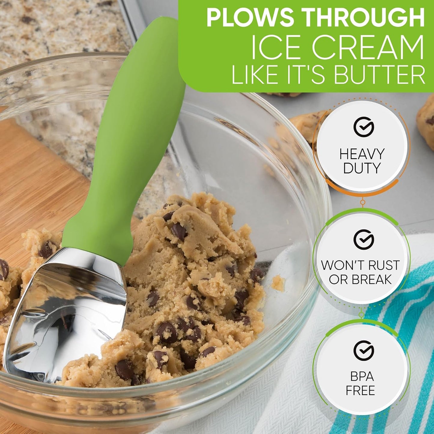 Green Heavy Duty Ice Cream Scoop with Non-Slip Handle - Professional Metal Ice Cream Scooper for Cookie Dough, Frozen Yogurt, Gelato, Sorbet, Melon - Dishwasher Safe Kitchen Tool