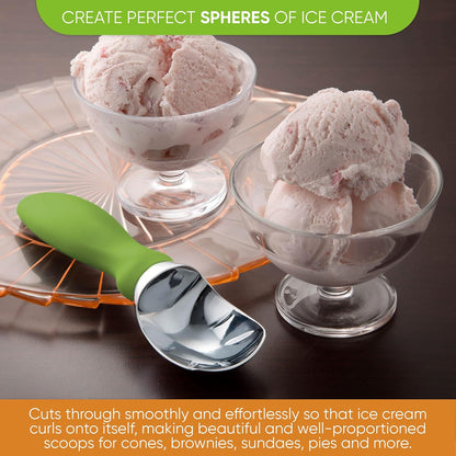 Green Heavy Duty Ice Cream Scoop with Non-Slip Handle - Professional Metal Ice Cream Scooper for Cookie Dough, Frozen Yogurt, Gelato, Sorbet, Melon - Dishwasher Safe Kitchen Tool
