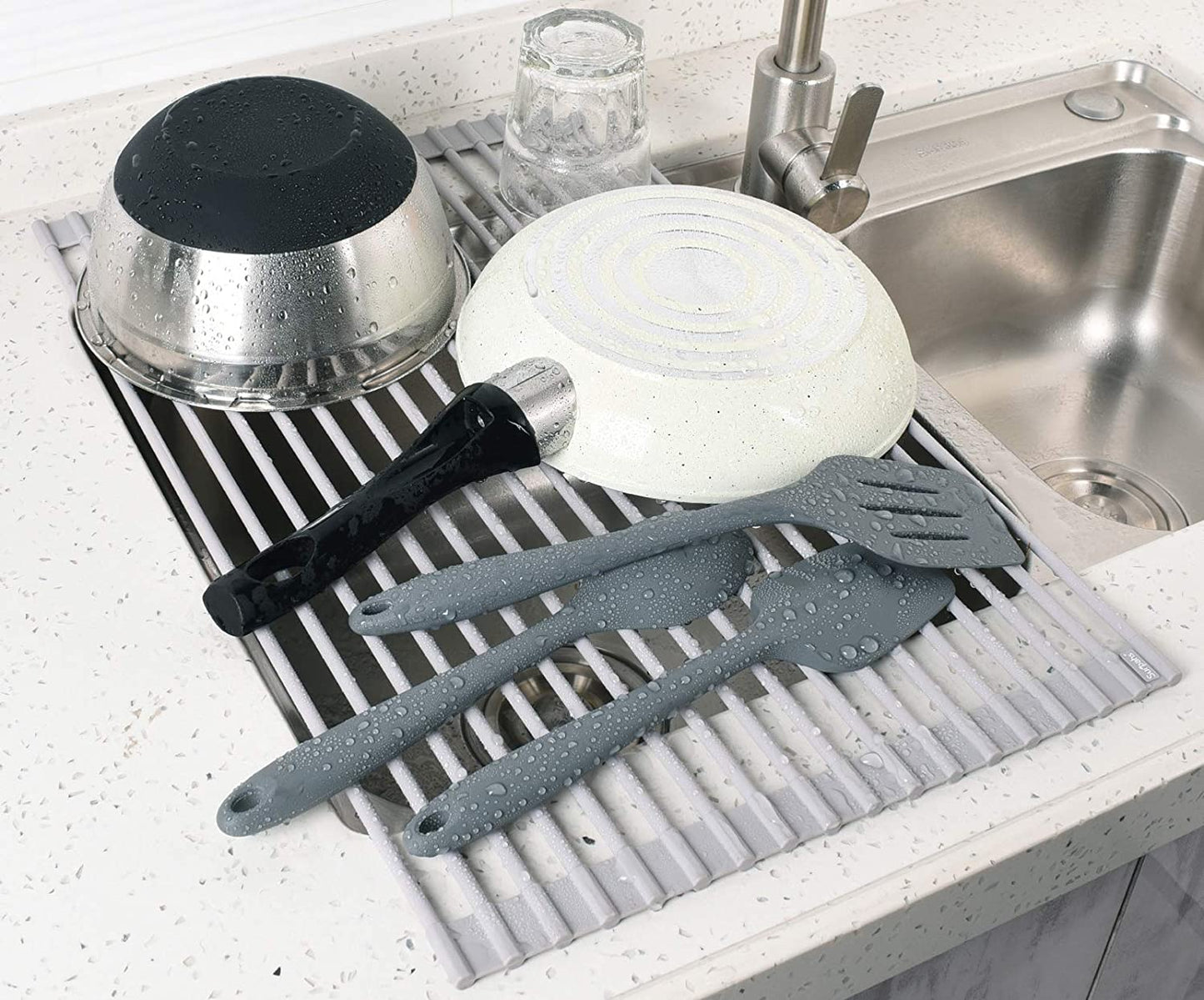 over the Sink Multipurpose Roll-Up Dish Drying Rack (Warm Gray, Large - 20.5" X 13.1")