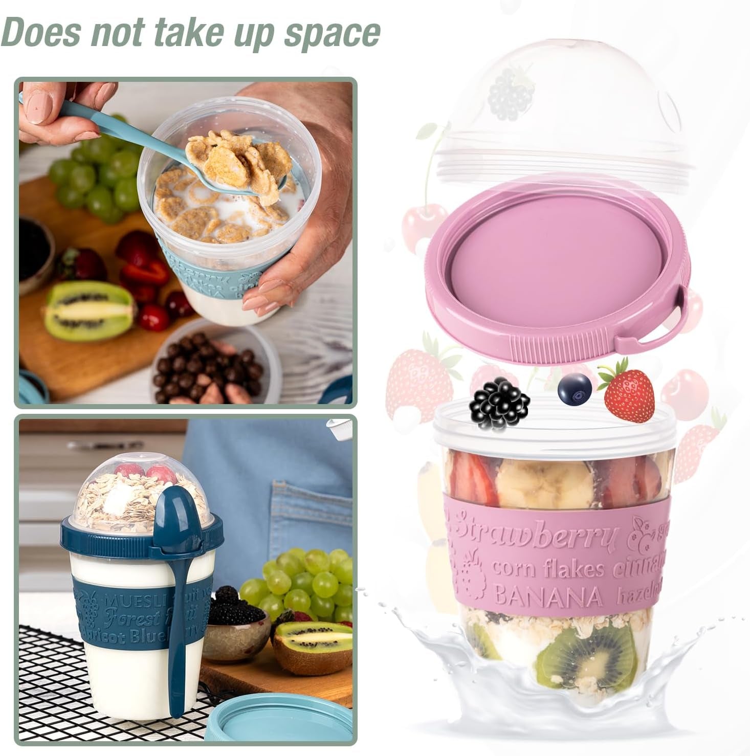 4 Pack Reusable on the Go Yogurt Parfait Cups, Breakfast Plastic Containers with Lids and Spoons, Perfect Jars for Overnight Oats Cereal Granola Oatmeal Smoothies and Snack Prep