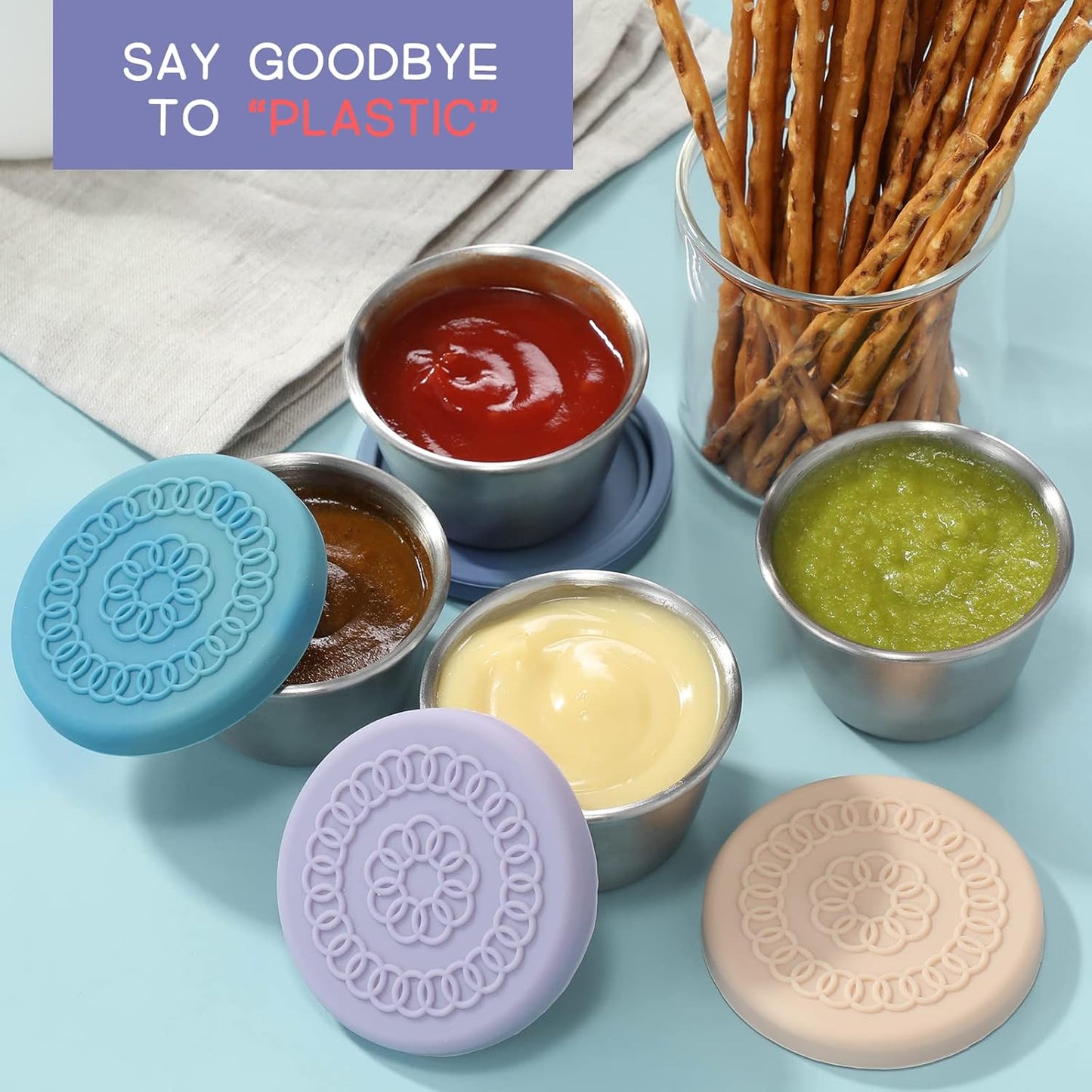 [8 Pack] Salad Dressing Container to Go, 2.4Oz Small Condiment Containers with Leakproof Silicone Lids, Reusable Stainless Steel Sauce Cups for Lunch Bento Box, Picnic and Travel