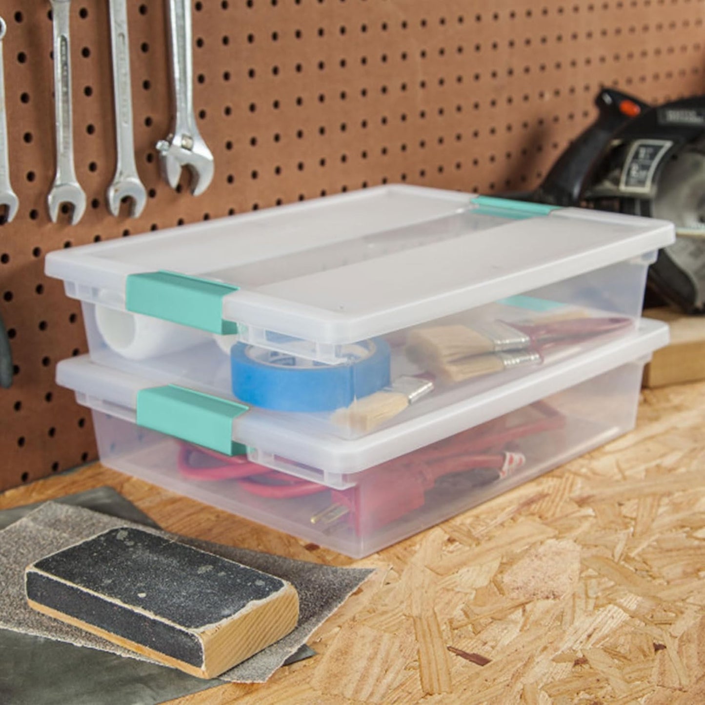 6-Pack Clip Box, Stackable Clear Plastic Bins with Latching Lids, Large - Writing, Arts or Crafts Supplies Storage Containers for Home, Office, Classroom and Workshop Organization