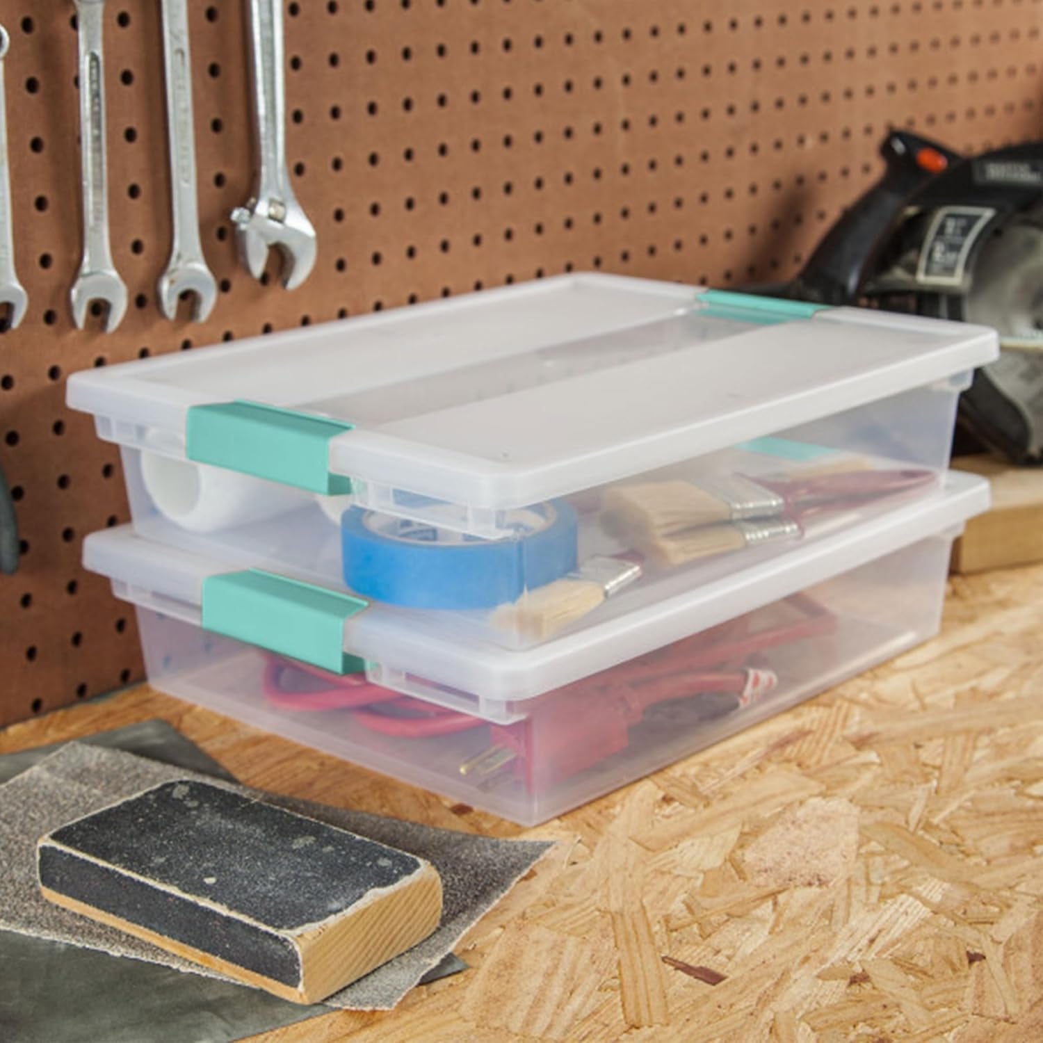 6-Pack Clip Box, Stackable Clear Plastic Bins with Latching Lids, Large - Writing, Arts or Crafts Supplies Storage Containers for Home, Office, Classroom and Workshop Organization