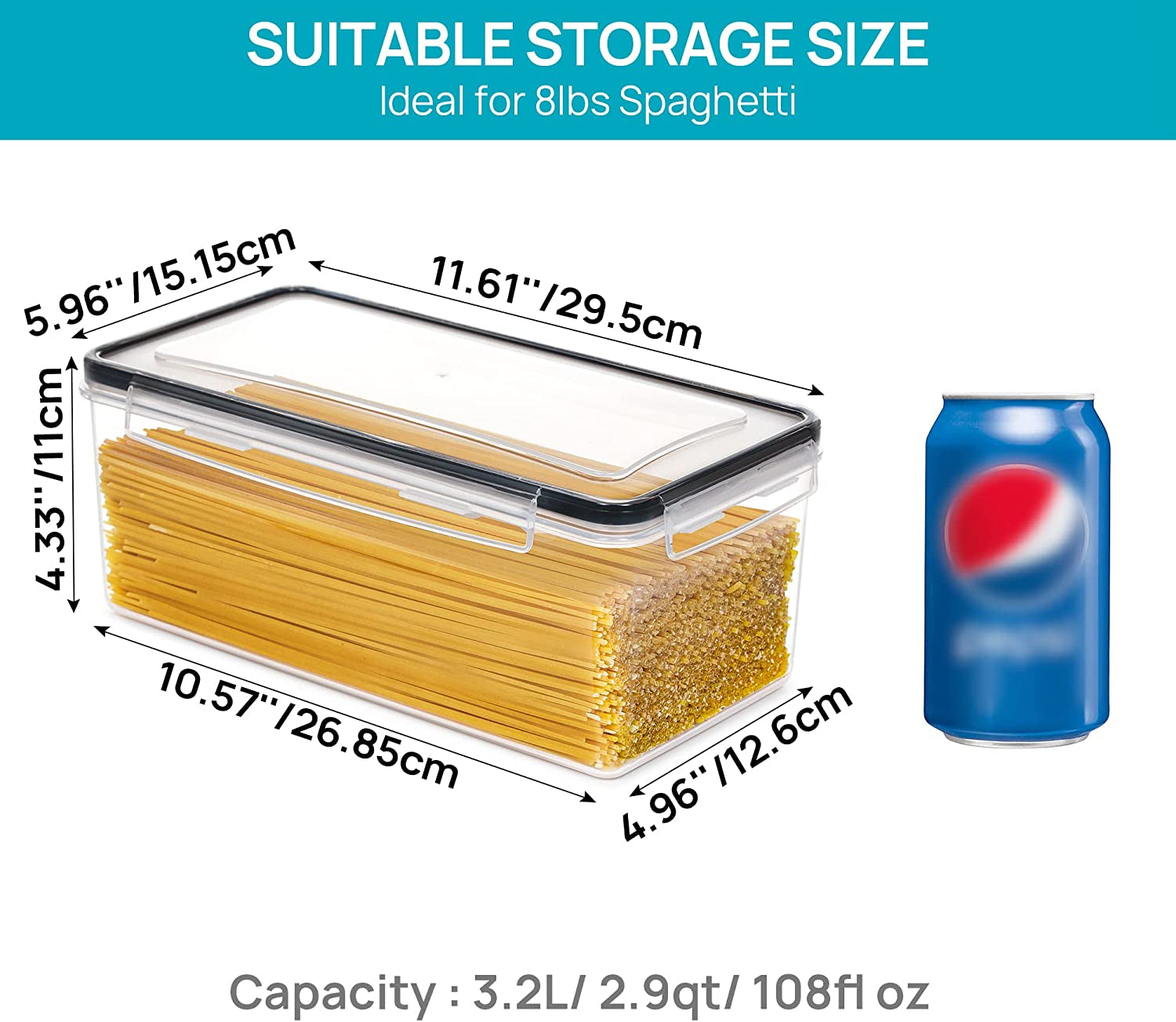 Airtight Food Storage Containers with Lids 8PCS Set 3.2L, Plastic Spaghetti Container for Pasta Organizer, BPA Free Air Tight House Kitchen Pantry Organization