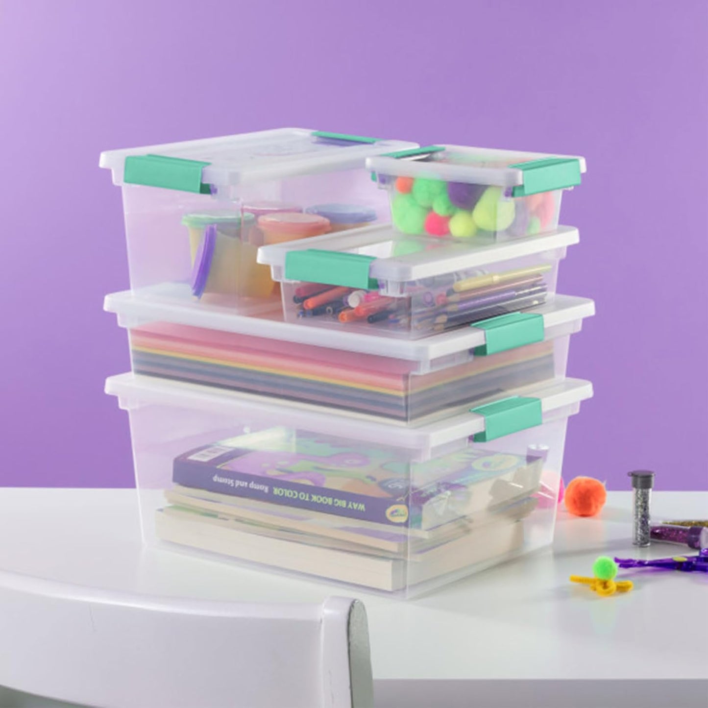6-Pack Clip Box, Stackable Clear Plastic Bins with Latching Lids, Large - Writing, Arts or Crafts Supplies Storage Containers for Home, Office, Classroom and Workshop Organization
