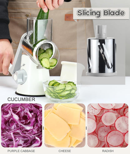 Rotary Cheese Grater Hand Crank, Kitchen Shredder Speed Mandolin Slicer Nuts Grinder with Handle and Drum Blades for Cheese, Vegetable, Walnuts, Chocolate, Potato, Carrot, 3 Blades, White