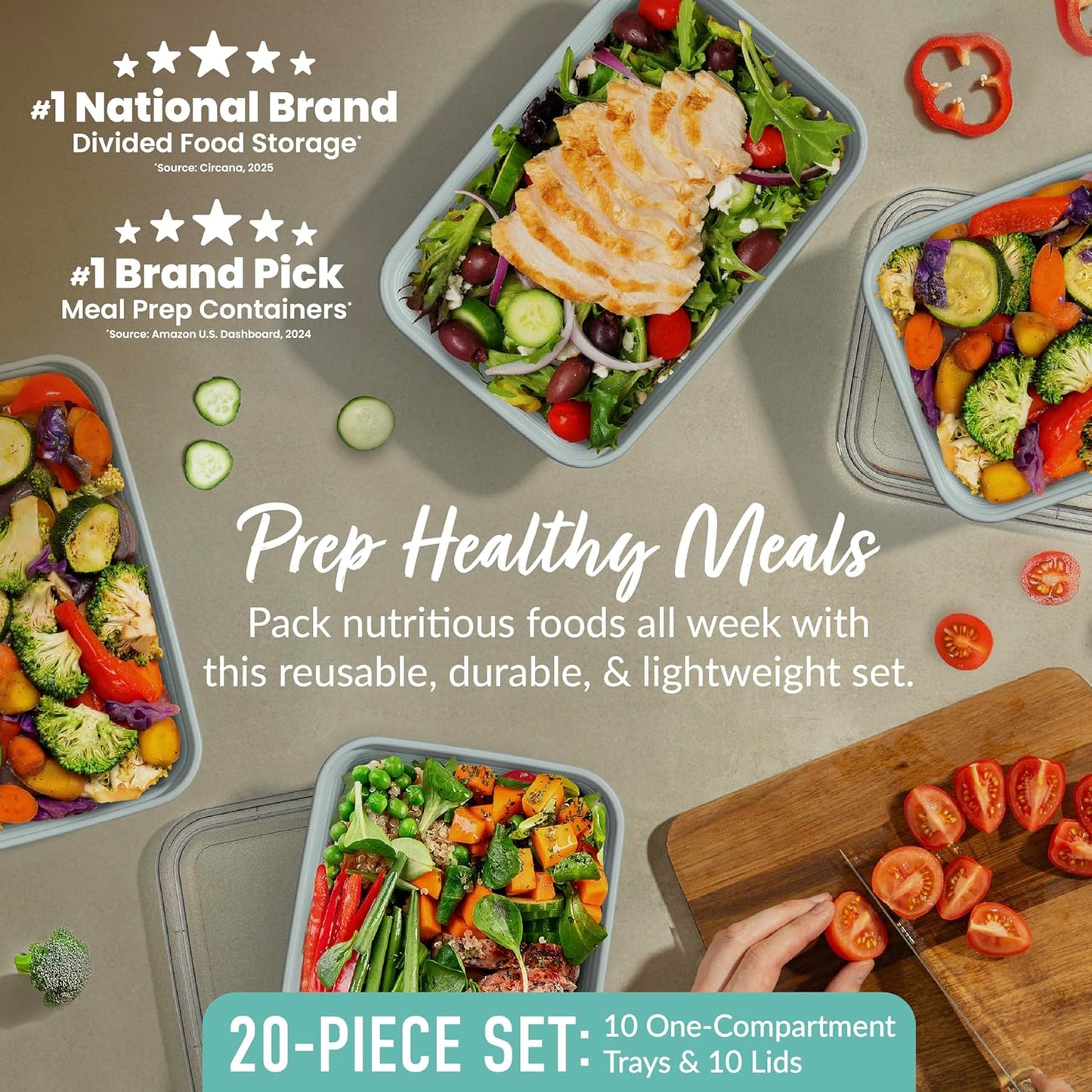 Prep - 20-Piece 1-Compartment Reusable Meal Prep Containers with Lids, PFAS & BPA Free Materials, Durable, Microwave, Freezer, & Dishwasher Safe to Go Food Storage (Mint)