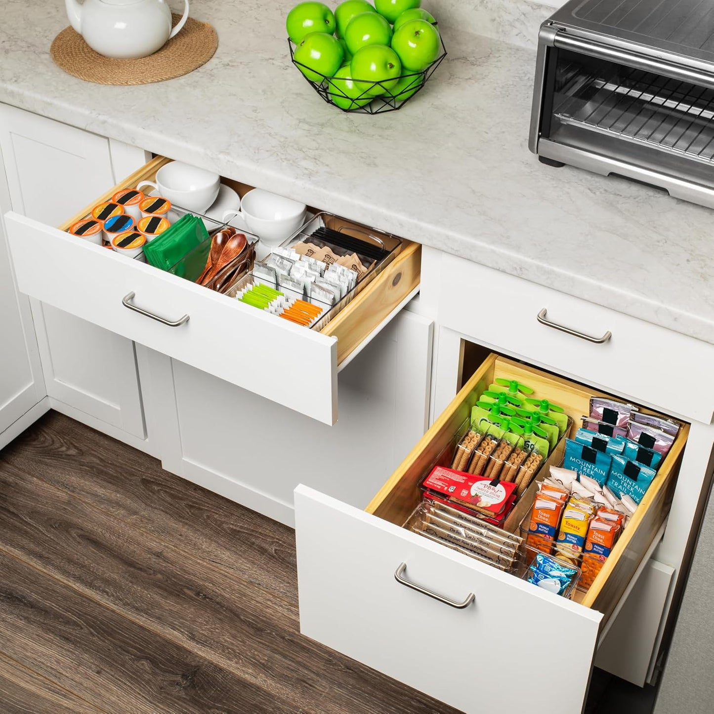 Plastic Pantry Organization and Storage Bins with Removable Dividers – Perfect Kitchen Organization or Kitchen Storage – Refrigerator Organizer Bins, Cabinet Organizers (2 Pack)