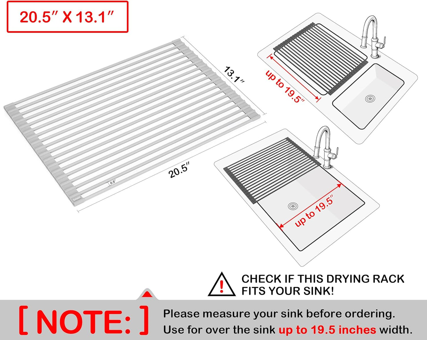 over the Sink Multipurpose Roll-Up Dish Drying Rack (Warm Gray, Large - 20.5" X 13.1")