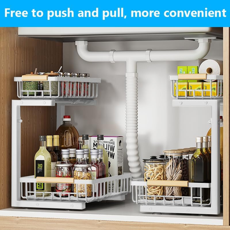 under Sink Organizers,5 Adjustable Height，Metal Pull Out and Storage Shelves with Sliding Drawer for Kitchen, Bathroom, White, 2 Pack（Hight 13.6″-16.9″）