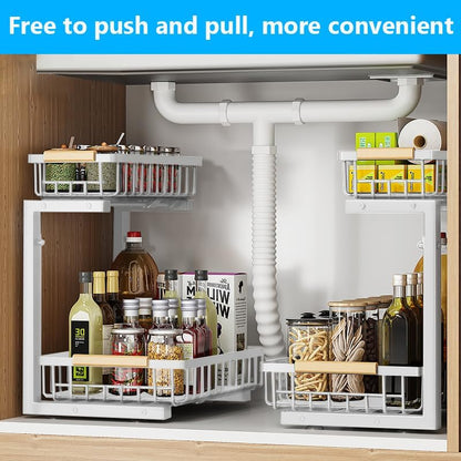 under Sink Organizers,5 Adjustable Height，Metal Pull Out and Storage Shelves with Sliding Drawer for Kitchen, Bathroom, White, 2 Pack（Hight 13.6″-16.9″）