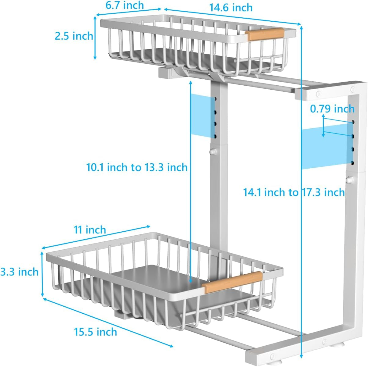 under Sink Organizers,5 Adjustable Height，Metal Pull Out and Storage Shelves with Sliding Drawer for Kitchen, Bathroom, White, 2 Pack（Hight 13.6″-16.9″）