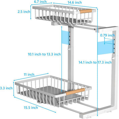under Sink Organizers,5 Adjustable Height，Metal Pull Out and Storage Shelves with Sliding Drawer for Kitchen, Bathroom, White, 2 Pack（Hight 13.6″-16.9″）