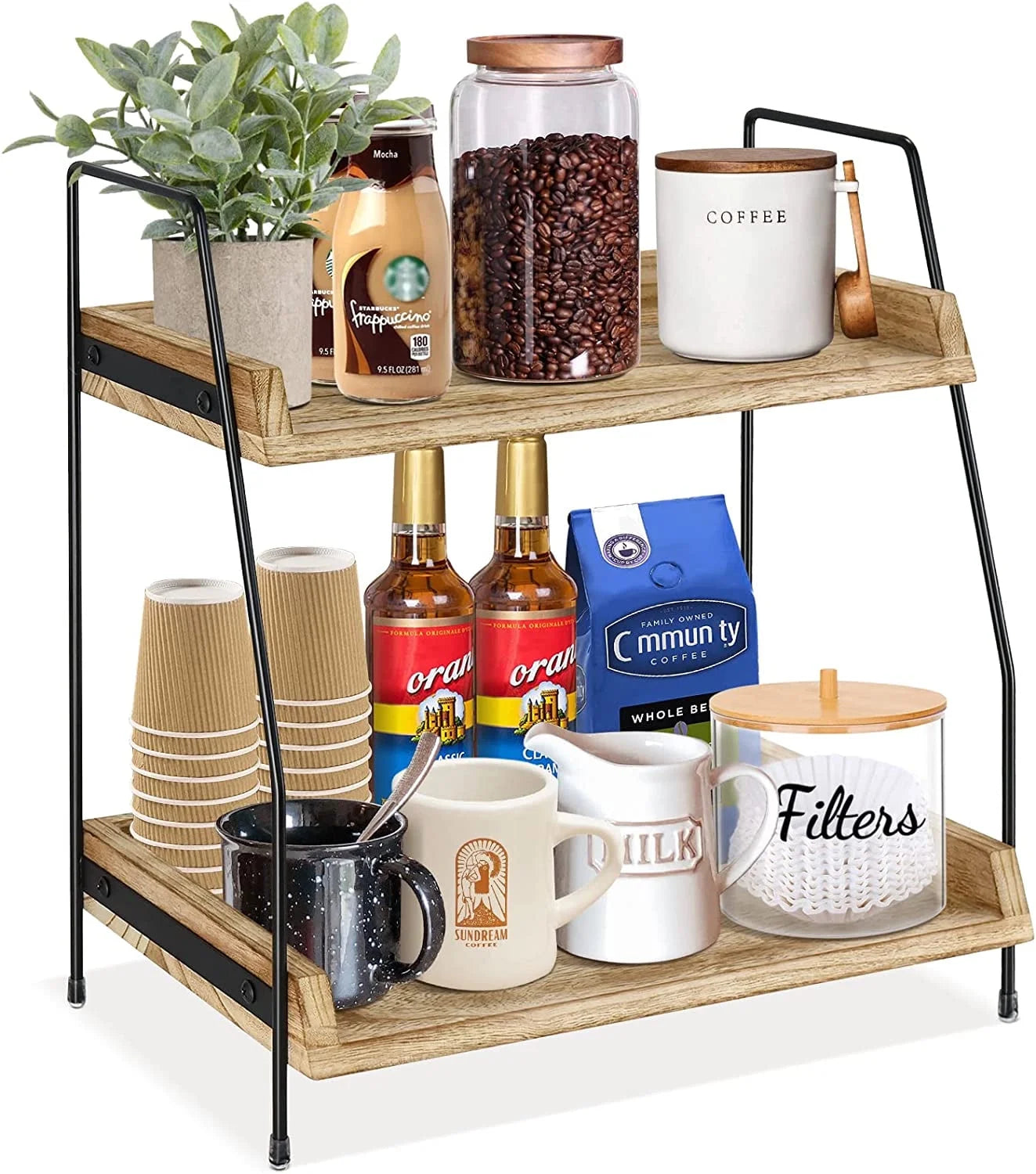 Coffee Bar Accessories and Organizer Countertop, 2-Tier Kitchen Racks and Shelves, Brown