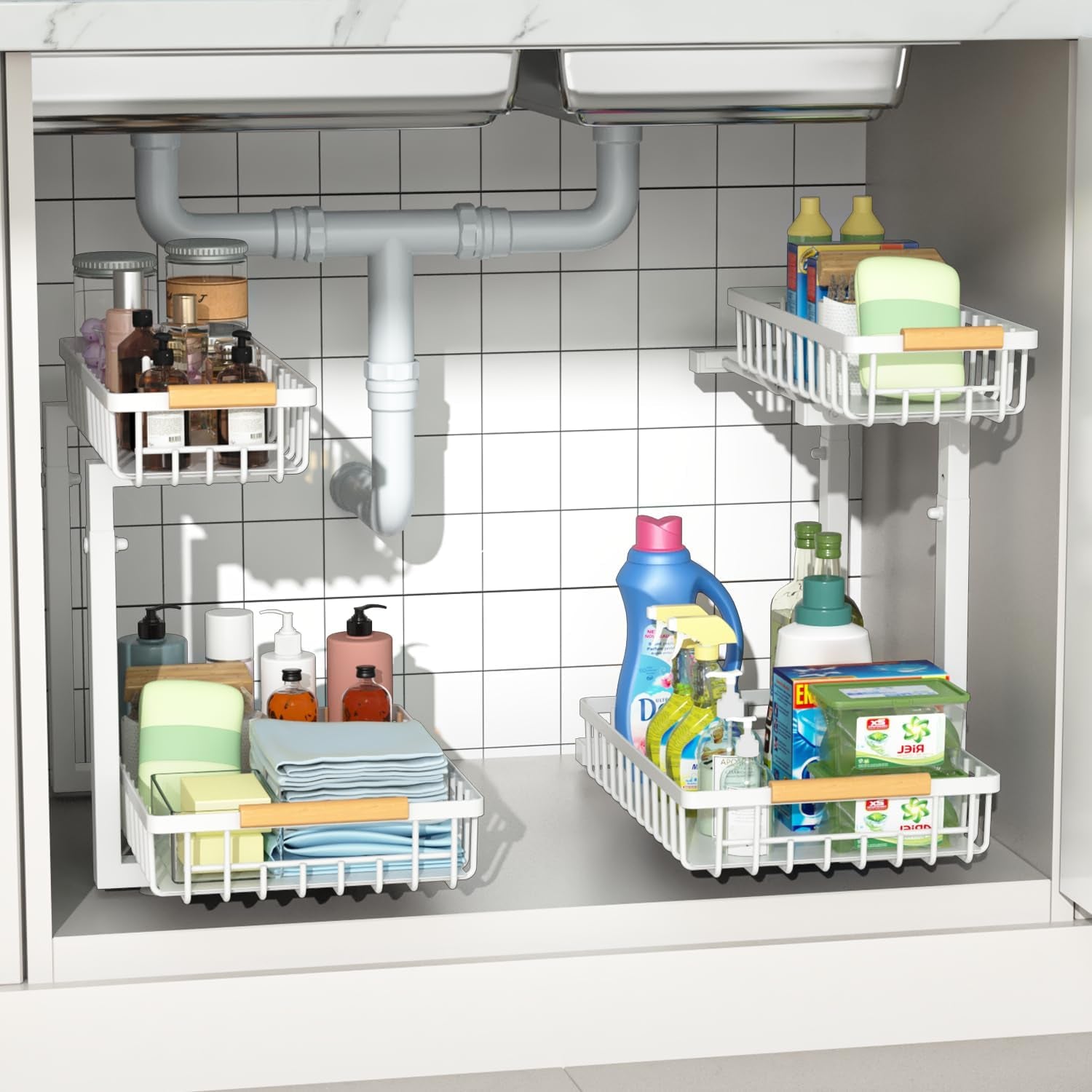under Sink Organizers,5 Adjustable Height，Metal Pull Out and Storage Shelves with Sliding Drawer for Kitchen, Bathroom, White, 2 Pack（Hight 13.6″-16.9″）