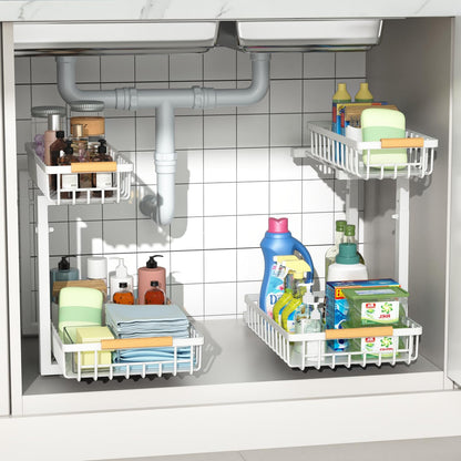 under Sink Organizers,5 Adjustable Height，Metal Pull Out and Storage Shelves with Sliding Drawer for Kitchen, Bathroom, White, 2 Pack（Hight 13.6″-16.9″）