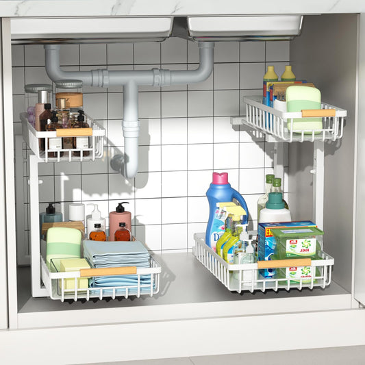 under Sink Organizers,5 Adjustable Height，Metal Pull Out and Storage Shelves with Sliding Drawer for Kitchen, Bathroom, White, 2 Pack（Hight 13.6″-16.9″）