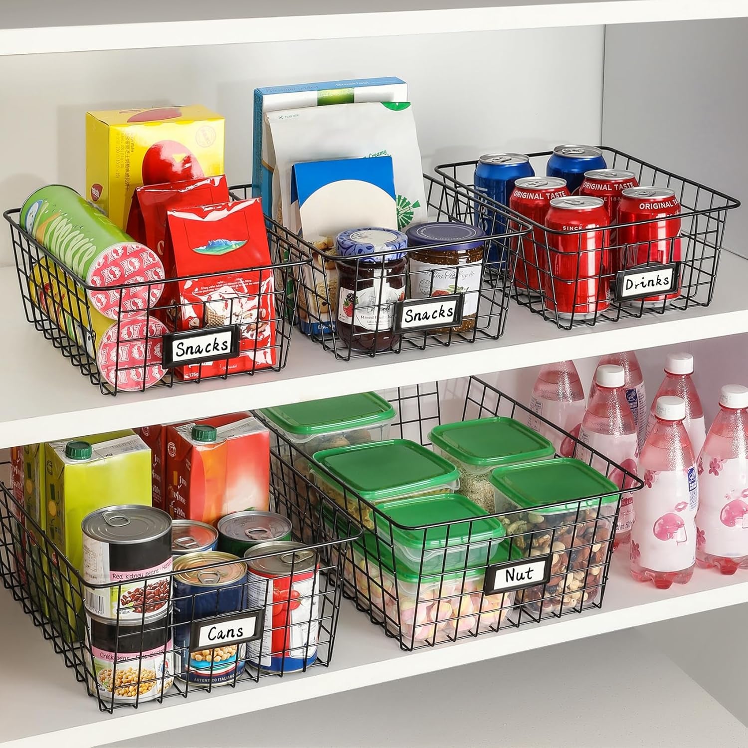 6 Pack Wire Baskets for Pantry Organization and Storage, Kitchen Organizer, 2 Xxlarge & 2 Xlarge & 2 Large