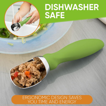 Green Heavy Duty Ice Cream Scoop with Non-Slip Handle - Professional Metal Ice Cream Scooper for Cookie Dough, Frozen Yogurt, Gelato, Sorbet, Melon - Dishwasher Safe Kitchen Tool