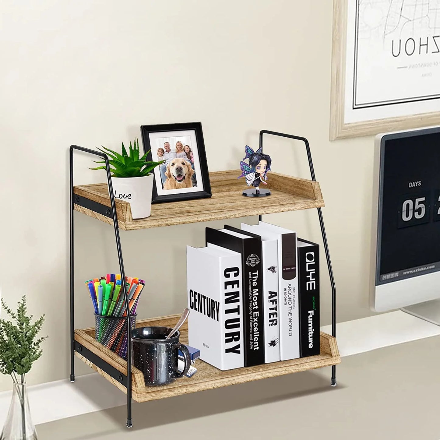 Coffee Bar Accessories and Organizer Countertop, 2-Tier Kitchen Racks and Shelves, Brown