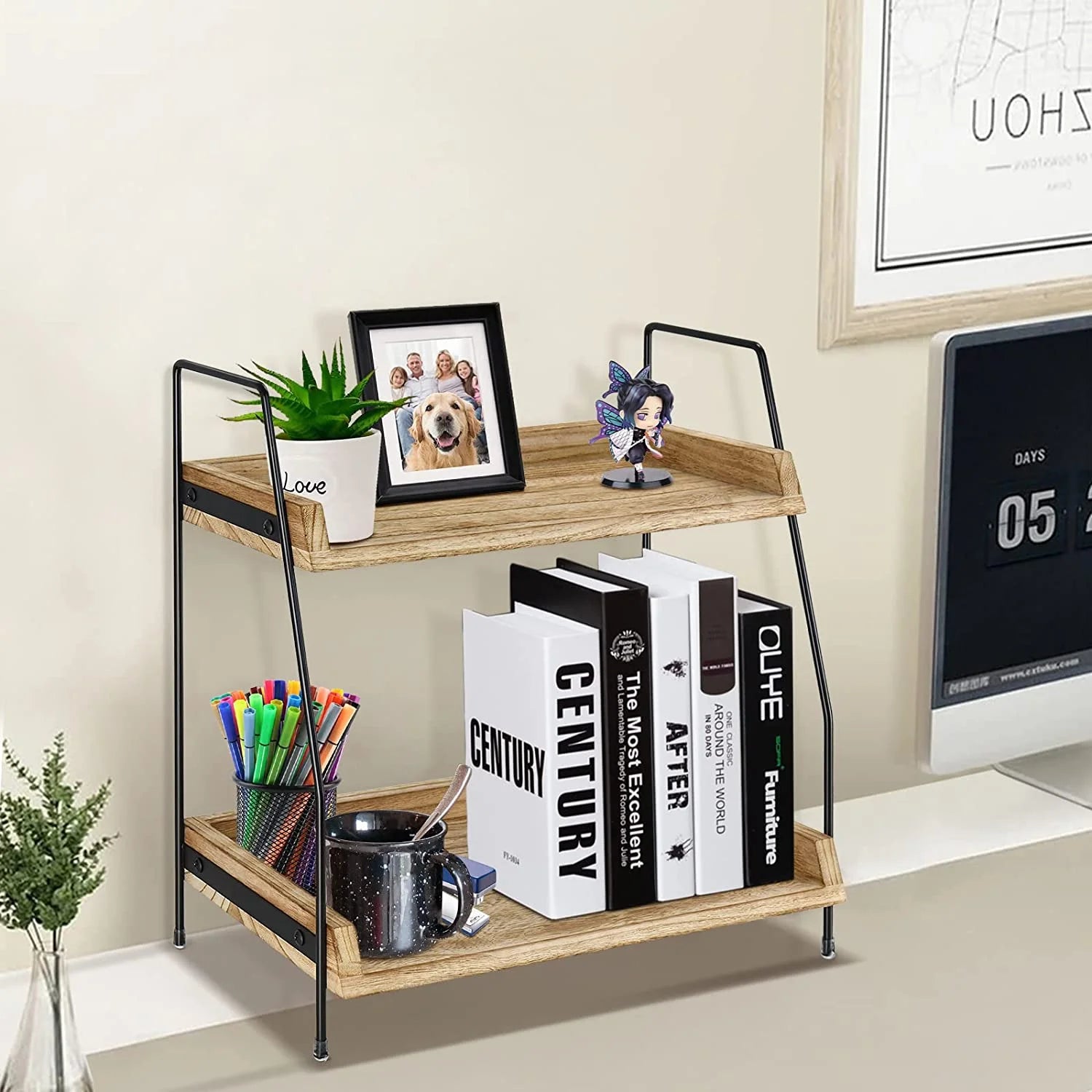 Coffee Bar Accessories and Organizer Countertop, 2-Tier Kitchen Racks and Shelves, Brown