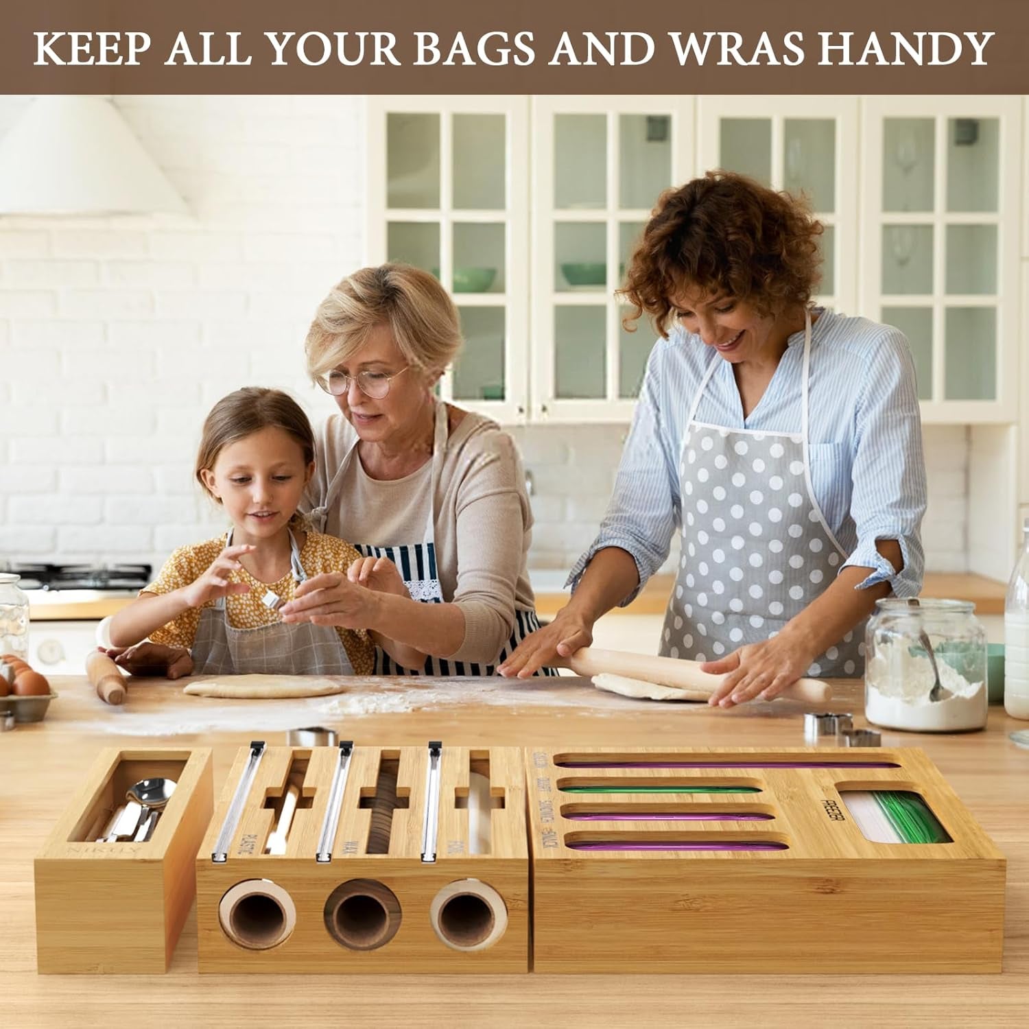 9 in 1 Bamboo Foil and Plastic Wrap Organizer for Kitchen Drawer, Plastic Bag Organizer Organization and Storage, Food Storage Bag Organizer with Labels for Quart Gallon Snack Sandwich Bag