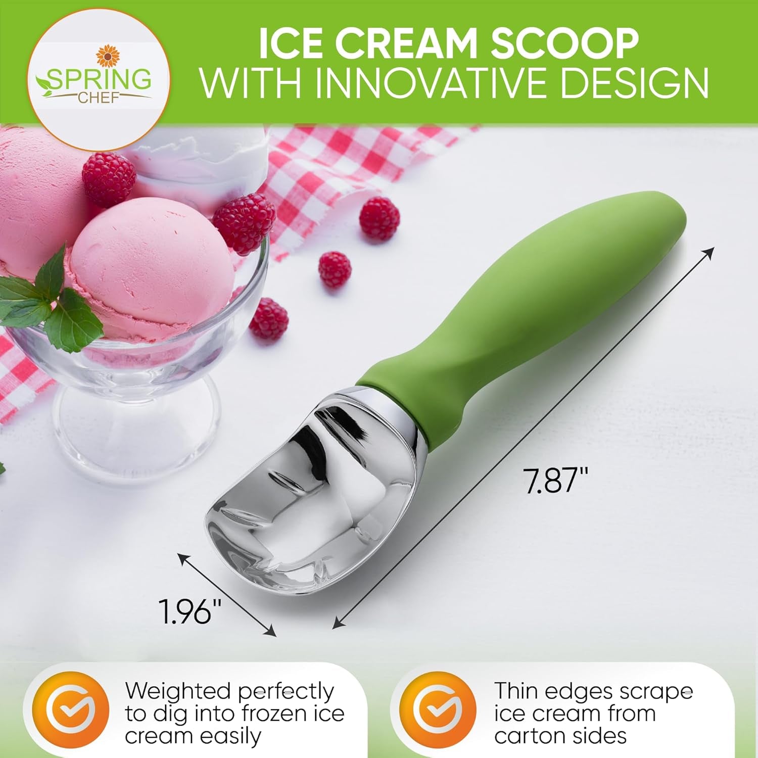 Green Heavy Duty Ice Cream Scoop with Non-Slip Handle - Professional Metal Ice Cream Scooper for Cookie Dough, Frozen Yogurt, Gelato, Sorbet, Melon - Dishwasher Safe Kitchen Tool