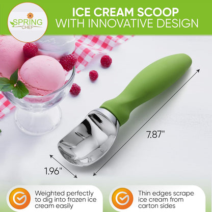 Green Heavy Duty Ice Cream Scoop with Non-Slip Handle - Professional Metal Ice Cream Scooper for Cookie Dough, Frozen Yogurt, Gelato, Sorbet, Melon - Dishwasher Safe Kitchen Tool