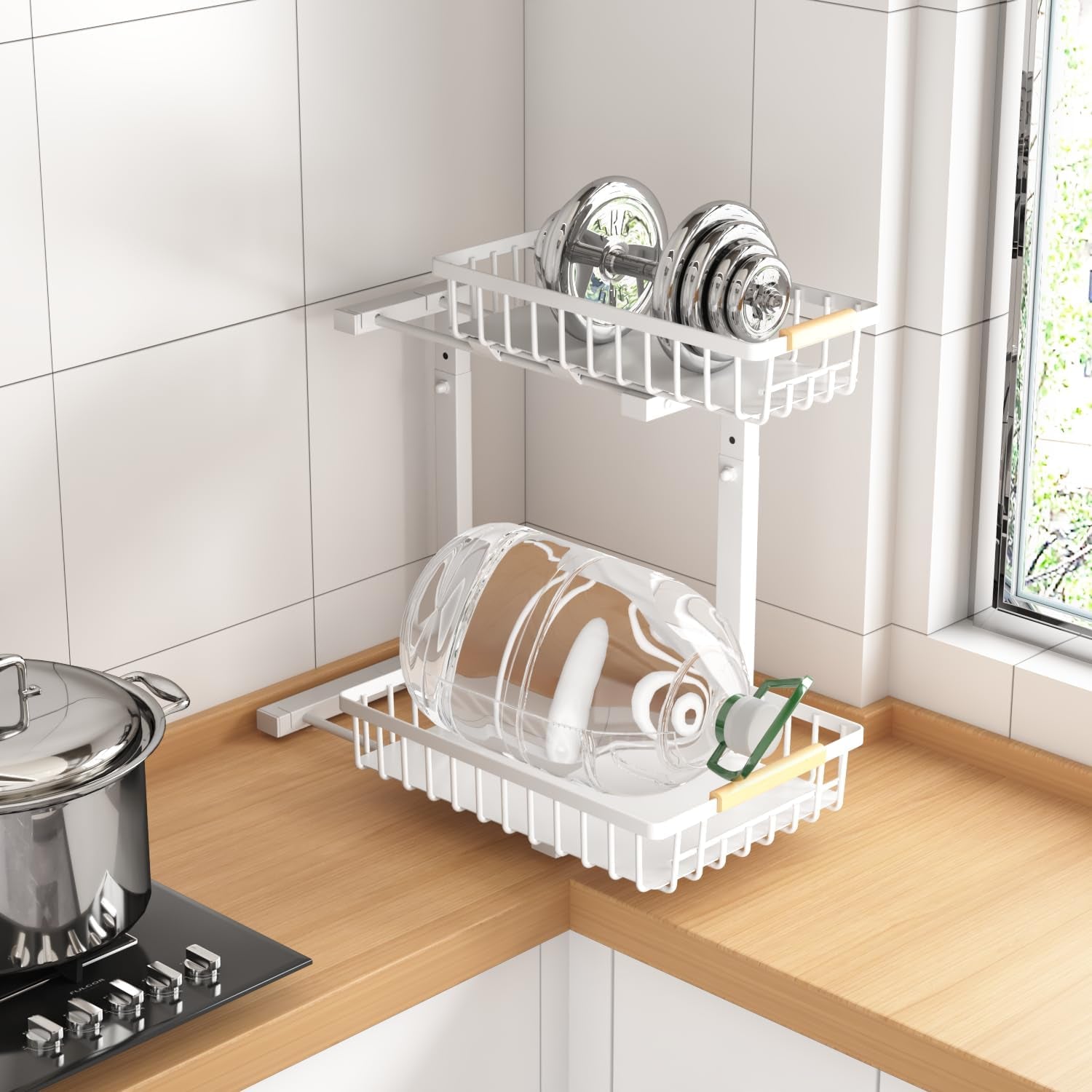 under Sink Organizers,5 Adjustable Height，Metal Pull Out and Storage Shelves with Sliding Drawer for Kitchen, Bathroom, White, 2 Pack（Hight 13.6″-16.9″）