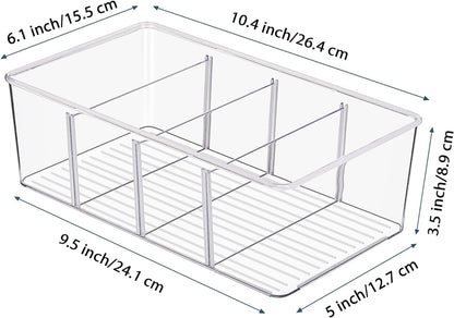 8 Pack Food Storage Organizer Bins, Clear Plastic Bins for Pantry, Kitchen, Fridge, Cabinet Organization and Storage, 4 Compartment Holder for Packets, Snacks, Pouches, Spice Packets
