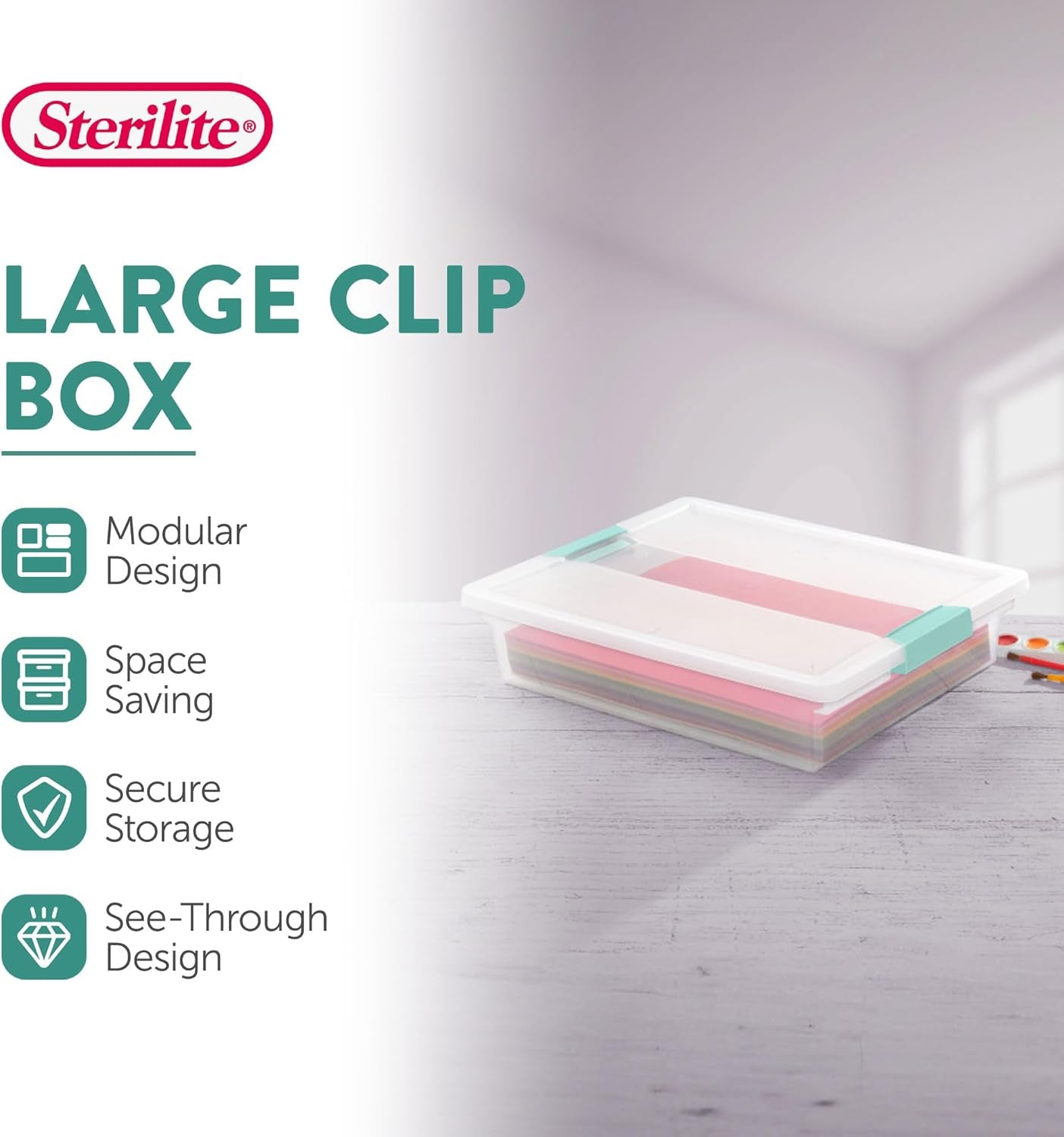 6-Pack Clip Box, Stackable Clear Plastic Bins with Latching Lids, Large - Writing, Arts or Crafts Supplies Storage Containers for Home, Office, Classroom and Workshop Organization